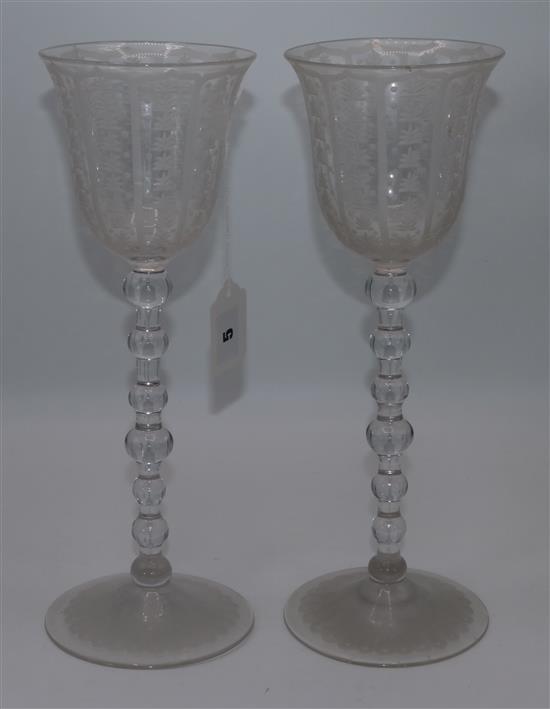 Pair of late 19C Venetian leaf-engraved glass goblets
